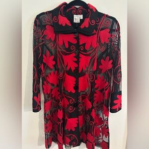 NEW Parsley & Sage Black w Ruby Red Floral Embroidered Sheer Blouse or Jacket